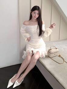 Modelyn 女士露肩长袖法式奢华温柔浪漫荷叶边下摆泡泡袖连衣裙 - 白色 - 查看 6