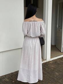 DAZY 新款秋季宽松休闲慵懒蝴蝶结露肩女式两件套家居服套装 - 杏色 - 查看 2