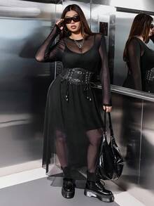 SHEIN EZwear 大码纯色网眼A字长袖休闲连衣裙 - 黑色 - 查看 6