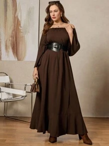 Zelara Đầm thời trang cổ vuông tay dài xẻ tà bên hông cỡ lớn cho nữ - Cà phê nâu - Xem 4