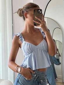 CovetEZ 女士蓝色纹理面料盖袖休闲短款衬衫，夏季上衣