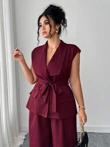 Elenzga Plus Size Women's Elegant Asymmetrical Lapel Open Front Blazer With Belt & Wide Leg Pants 2 Pieces Set, Spring/Summer - Burgundy - View 4