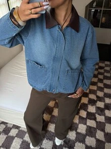 Dripcurv 大码女式复古PU拼接牛仔外套，简约日常穿搭，复古老钱风，适合秋冬新年穿着，复古牛仔外套，男友风牛仔外套，PU皮牛仔外套，秋冬牛仔外套，撞色领牛仔外套，时尚牛仔外套，圣诞牛仔外套，新年牛仔外套，冬季牛仔外套，休闲牛仔外套，工装牛仔外套，百搭牛仔外套，低调奢华牛仔外套，男友风牛仔外套，复古水洗牛仔外套 - 棕色PU撞色领，男友风版型，秋冬必备单品 - 藍色 - 查看 1
