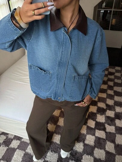 Dripcurv 大码女式复古PU拼接牛仔外套，简约日常穿搭，复古老钱风，适合秋冬新年穿着，复古牛仔外套，男友风牛仔外套，PU皮牛仔外套，秋冬牛仔外套，撞色领牛仔外套，时尚牛仔外套，圣诞牛仔外套，新年牛仔外套，冬季牛仔外套，休闲牛仔外套，工装牛仔外套，百搭牛仔外套，低调奢华牛仔外套，男友风牛仔外套，复古水洗牛仔外套 - 棕色PU撞色领，男友风版型，秋冬必备单品