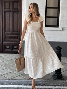 Breezaya 夏季假日长款格纹连衣裙，带荷叶边下摆，超长款女装 - 卡其色 - 查看 1