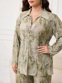 Veilorie Conjunto de camisa casual de manga larga y pantalones de estilo árabe con estampado de color contrastante para mujer de talla grande