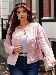 Vionelle 女士加大码优雅时尚高端简约纽扣装饰口袋夹克 - 粉色 - 查看 1