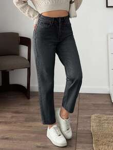 EURMUSE High Waist Slant Pocket Casual Mom Fit Jeans - Dark Grey - View 3