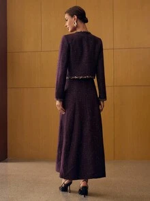 MOTF PREMIUM BỘ ÁO KHOÁC VỎ KIM LOẠI VÀ ĐẦM CẮT CỜ VẢI TWEED TƯƠNG PHẢN - Màu Đỏ Sâu - Xem 5