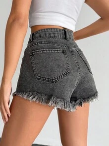 EURMUSE High Waist Frayed Hem Denim Shorts, Fashionable For Summer Women Short Outfits Short Jeans Women Summer Outfits Summer Outfits For Women Women Summer Clothing Women Plus Clothing Shorts Women S Bottoms Woman S Summer Clothes Women Short Sets - Dark Grey - View 2