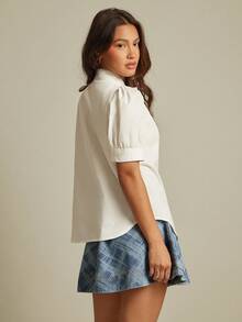 WESTFADE White,Summer,Elegant,Office 100% Cotton Poplin Bow Tie Neck Puff Sleeve Dolphin Hem Button Up Cute Top Autumn,Winter,Nashville Country Concert,Boho - White - View 2
