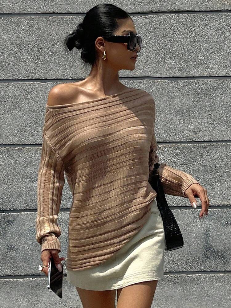 Women's Loose Fit Off-Shoulder Long Sleeve Hollow Casual Elegant Sweater, Autumn,Fall Women Clothes