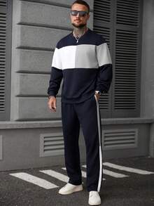 Manfinity Homme 男士撞色圆领长袖休闲运动衫和运动裤套装男士两件套运动服男士运动服套装男士慢跑服男士运动服套装休闲两件套男士秋季服装 - 彩色 - 查看 5