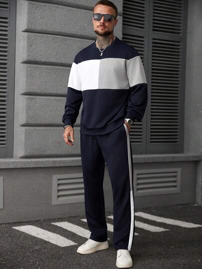 Manfinity Homme 男士撞色圆领长袖休闲运动衫和运动裤套装男士两件套运动服男士运动服套装男士慢跑服男士运动服套装休闲两件套男士秋季服装