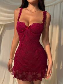 SHEIN EZwear 女式花朵酒红色蕾丝蝴蝶结装饰修身无袖迷你连衣裙 - 酒紅色 - 查看 6