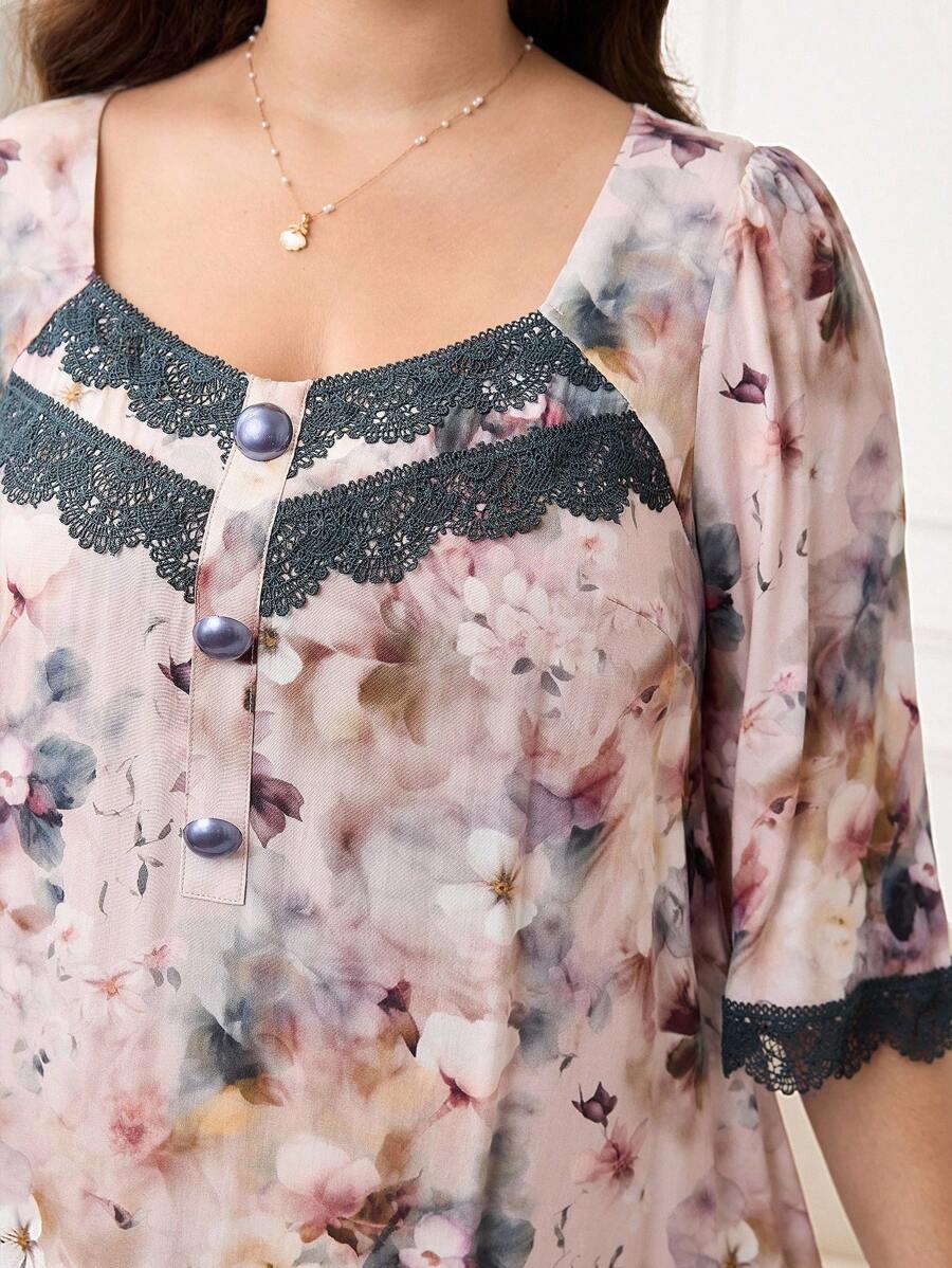 Al Najma Vestido árabe de talla grande para mujer, de estilo casual y suelto, con parches de encaje y mangas tres cuartos - Multicolor - Ver 1