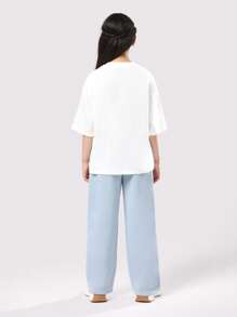SUMWON Manhattan NYC Varsity Logo Oversized Tween T-Shirt Co-Ord Set Wide Leg Pants Wear Matching Two Piece Comfort Wear - Blue - View 2