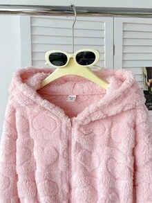 SHEIN 青少年女孩休闲纯粉色心形图案蓬松短款连帽夹克，适合秋冬休闲日常穿着，粉色毛绒夹克，少女夹克，毛绒夹克，连帽泰迪熊夹克，可爱冬季夹克 - 粉色 - 查看 5