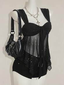 SHEIN ICON Shiny Fabric Asymmetrical Mesh Hem Women's Camisole Black Sparkly Top,Black Tops