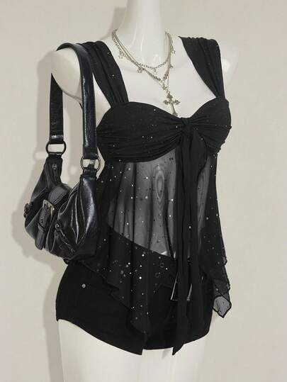 SHEIN ICON Shiny Fabric Asymmetrical Mesh Hem Women's Camisole Black Sparkly Top,Black Tops