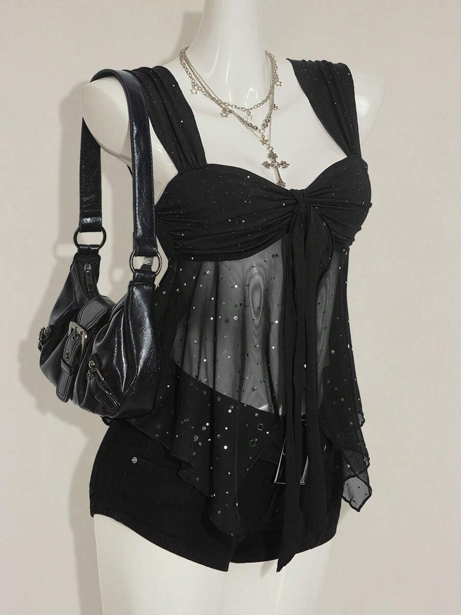 SHEIN ICON Shiny Fabric Asymmetrical Mesh Hem Women's Camisole Black Sparkly Top,Black Tops