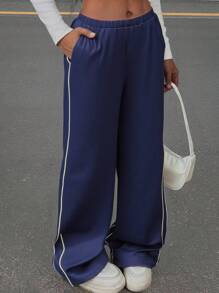 SHEIN Teen Girls Navy Blue Side Striped Drawstring Waist Long Pants,Back To School,Fall,Y2k,Halloween,Glowmode,Autumn,Holiday - Navy Blue - View 7