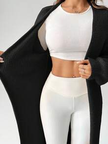 SHEIN PETITE Women's Warm Cardigan For Outings In Autumn And Winter Black Cardigan Women Long Black Cardigan Black Cover Up Chunky Knit Cardigan Maxi Cardigan Black Knit Cardigan Women Black Cardigan,Fall - Black - View 5