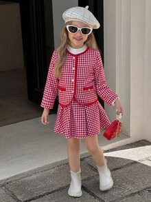 SHEIN Elladie kids 少女红白格子可爱长袖外套搭配裙子套装，适合秋冬 - 紅色 - 查看 5