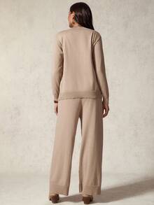 Boho Mama Maternity Solid Color Long Sleeve Knotted Front Cardigan And Knit Pants Casual Suit - Brown - View 2