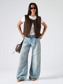 LYSMO 秋冬女士纯色圆领单排扣休闲轻便背心夹克 - 棕色 - 查看 3