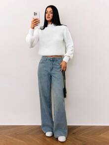 SHEIN Tall Suéter casual de mujer de unicolor con mangas farol, suéter acanalado blanco para otoño/invierno - Blanco - Ver 6