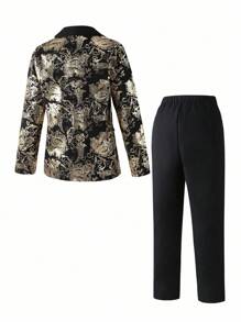 SHEIN 2 件套青少年男孩绅士装 - 金箔印花西装外套和纯色裤子，时尚适合生日派对、晚会、婚礼、洗礼、 1 岁生日仪式、婚礼嘉宾、花童、戒指持有人