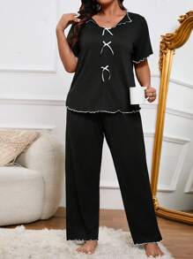 Plus Size Women Spring Color Block Top & Pants Pajama Set With Bowknot Decoration And Lettuce Trim, Outfits - Black - View 3