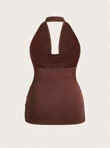 SHEIN EZwear 加大码性感纯色露背吊带背心，夏季 - 巧克力棕 - 查看 2