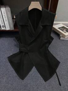 INAWLY 女式标准尺码纯色简约无袖休闲衬衫 - 黑色 - 查看 3