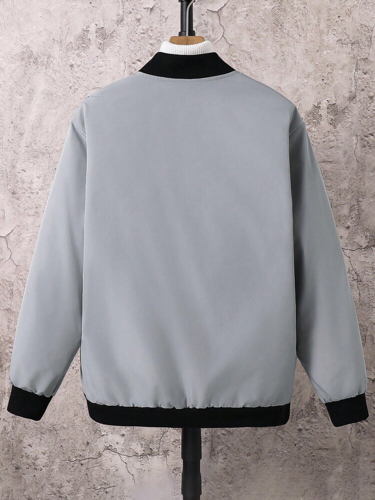 SHEIN Teen Boys' Casual Comfortable Versatile Contrast Color Jacket, Suitable For Fall Autumn And Winter Suitable For Commuting, School, Daily Casual, Vacation, Sports, Party Wear Bomber Jacket Boys Gray Jacket Teen Teen Boy Plain Varsity Jackets Grey Jacket - Grey - View 2