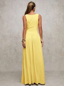 SHEIN BAE 女士优雅纯色棕色连衣裙，宽领喇叭裙，适合春夏季 - 黃色 - 查看 2