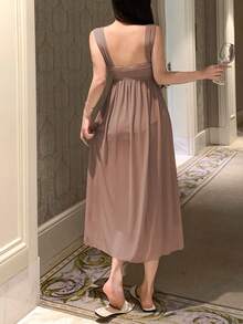 DAZY Romantic Mesh Knit Fabric Ruched Design Lace Patchwork Slip Dress For Women Pajama - Brown - View 2