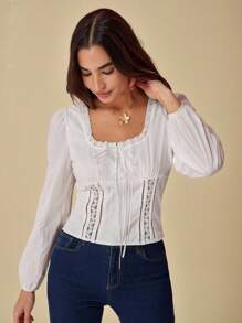 Enchnt Autumn And Winter Romantic Women Elegant Commuter White Lace Trim Square Collar
Puff Sleeves  Blouse, Suitable For Vacation,Sweet&Date&Holiday&Graduation&Beach,Fall Blouse For Women,Fall Clothes,Bohemian Clothes