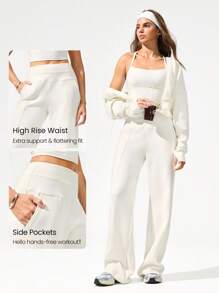 GLOWMODE Pantalones jogger de cintura alta con cordón ajustable, bolsillos laterales y piernas anchas de 30" de modal y felpa, para uso diario y casual - Blanco - Ver 3