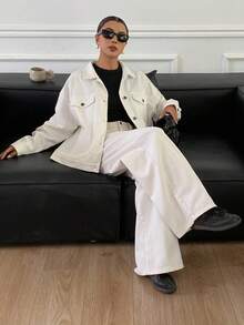 DAZY 女士宽松休闲白色牛仔套装，秋季新品 - 白色 - 查看 7