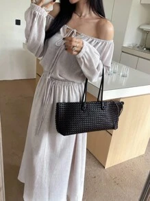 DAZY 新款秋季宽松休闲慵懒蝴蝶结露肩女式两件套家居服套装 - 杏色 - 查看 1
