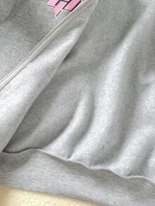 SHEIN 少女三件套：带星星印花的保暖连帽拉链外套、罗纹针织无袖背心和慢跑裤，休闲返校装，浅灰色秋冬款 - 灰色 - 查看 8