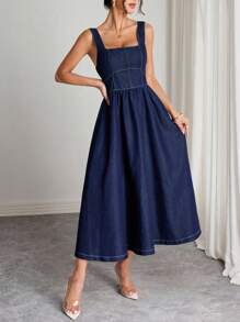 Elenzga 女式方领无袖束腰褶皱水洗牛仔连衣裙 - 深色水洗藍 - 查看 4