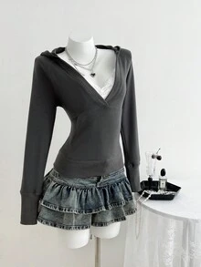 Elamini Áo hoodie chui đầu cổ chữ V sâu thường ngày cho nữ, áo nỉ dài tay tay raglan ôm sát - Xám - Xem 5