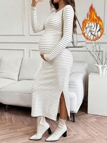 SHEIN 秋装，秋季服装，孕妇装 秋冬孕妇装 撞色条纹圆领长袖连衣裙 孕妇装 长袖孕妇装 孕妇装 条纹孕妇装 孕妇装 - 杏色 - 查看 9