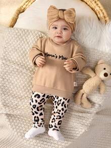 Cozy Pixies 新生男婴/女婴卡通字母印花插肩袖宽松羊毛连帽衫和豹纹松紧腰羊毛裤两件套 - 彩色 - 查看 4