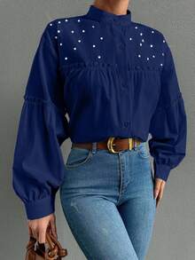 EURMUSE 100%Cotton Women's Elegant Solid Color Stand Collar Lantern Sleeve Shirt With Ruffle Trim, Rhinestone Decoration And Pleats, Spring And Summer - Navy Blue - View 3