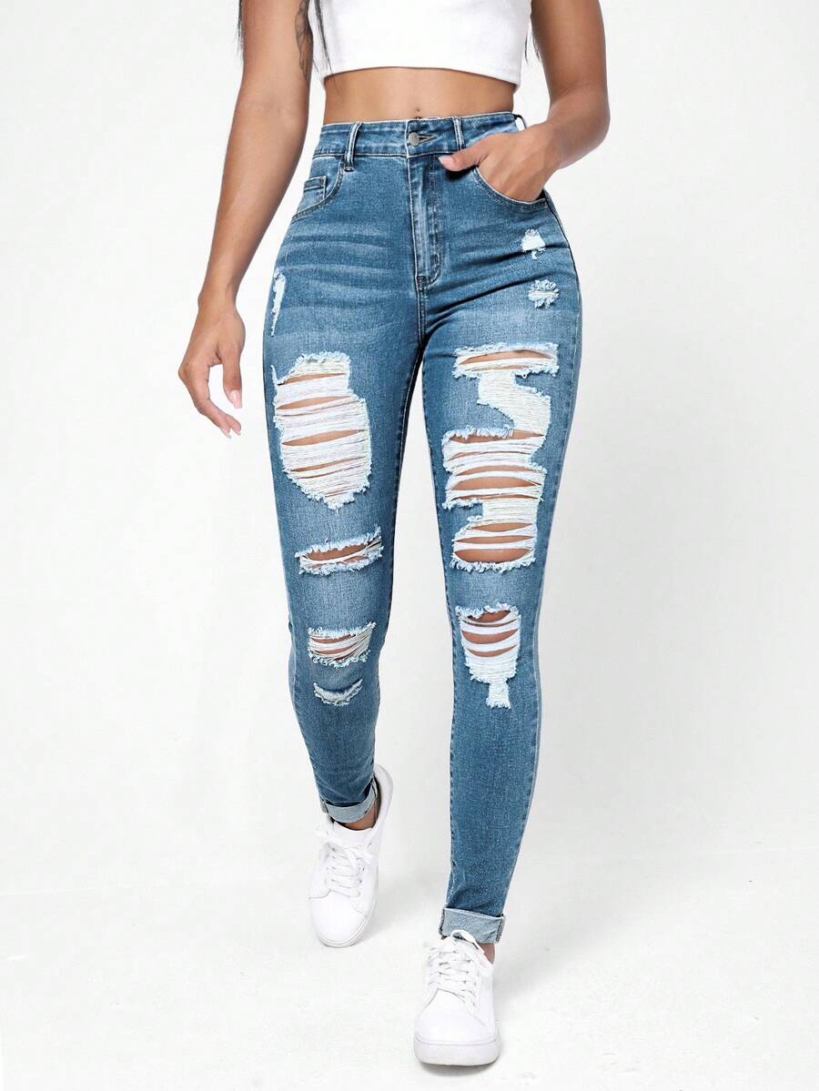 EURMUSE Women's Light Color Distressed Fashion Denim Jeans - Light Wash - View 1