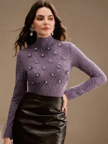 Anewsta 性感优雅紫色 3D 花卉蕾丝高领浪漫女士打底 T 恤 - 紫色 - 查看 3